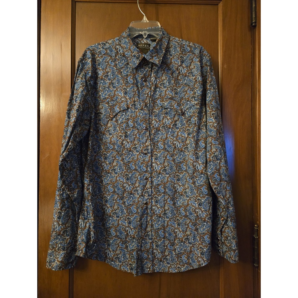 Men's Roper Long Sleeve Snap Front Shirt Size Large Brown Blue Paisley Print EUC